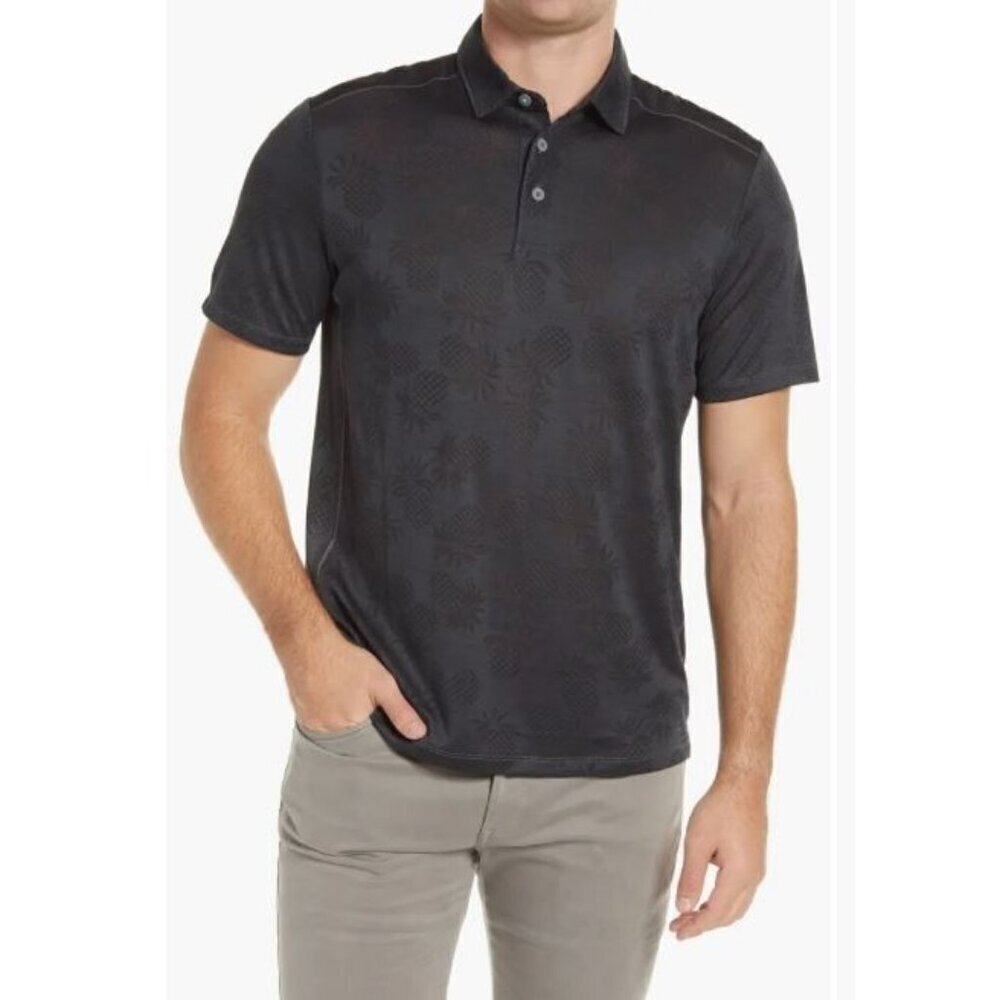 Tommy Bahama Mens Black Pineapple Short Sleeve Button Front Polo Shirt Sz L New